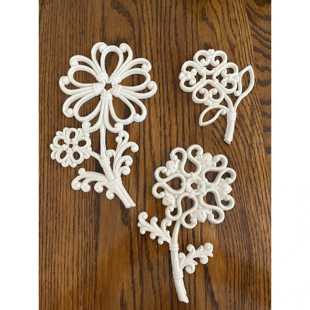 Vintage HOMCO White Wicker Rattan Flowers Wall Decor Syroco~Homco 1978 3 Pieces